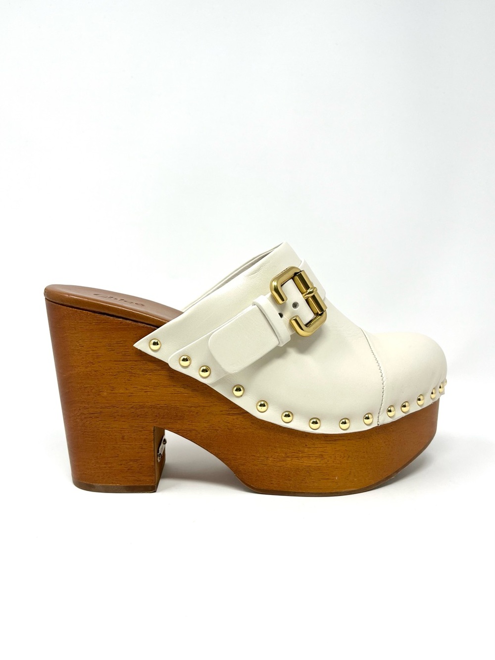 NEW Chloe Jeanette Platform Clogs Cream Leather Brown Wood Wedge Shoes Heels 39